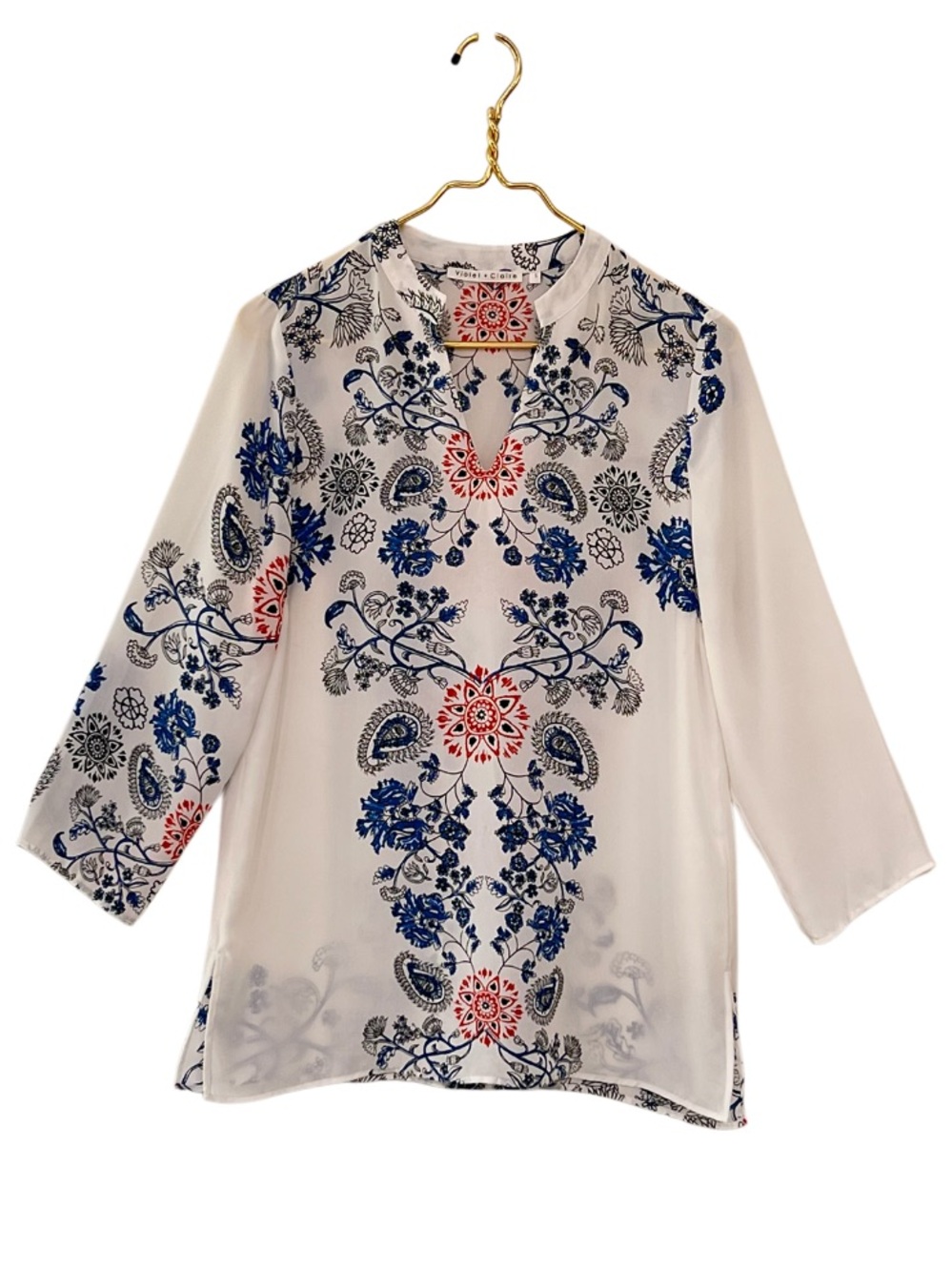Violet + Claire Boho Paisley Floral Tunic Blouse Split V-Neck Size Small